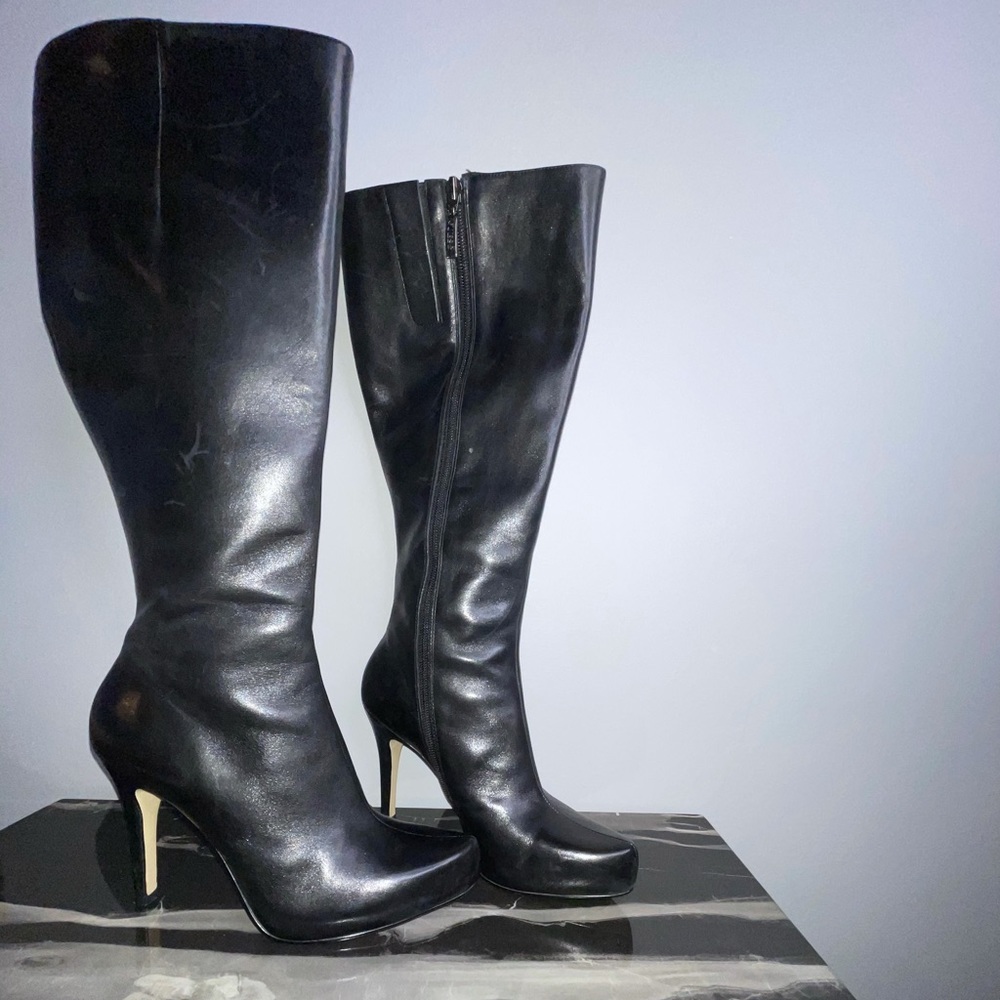 Guess Black Leather Knee-High Heeled Boots